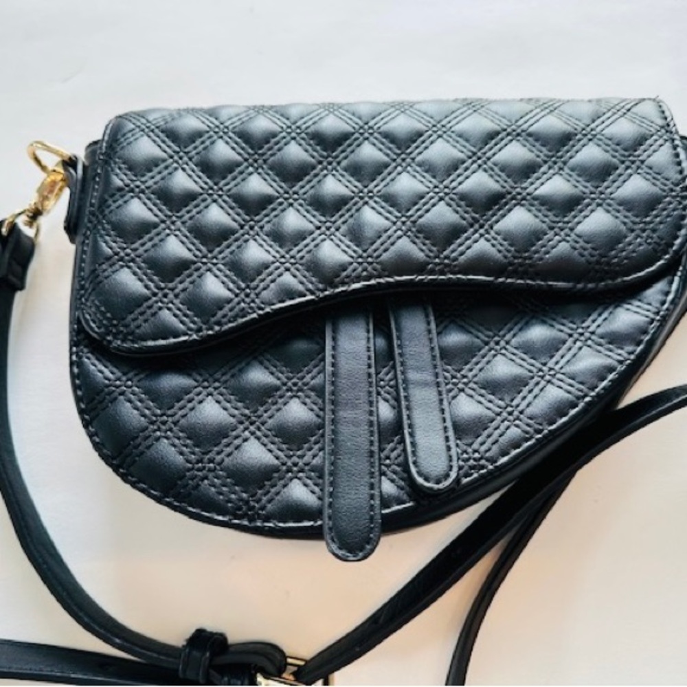 CROSSBODY Black Unique Shape Vegan Leather Quilted + “Tassels” New 11”x7”x2”